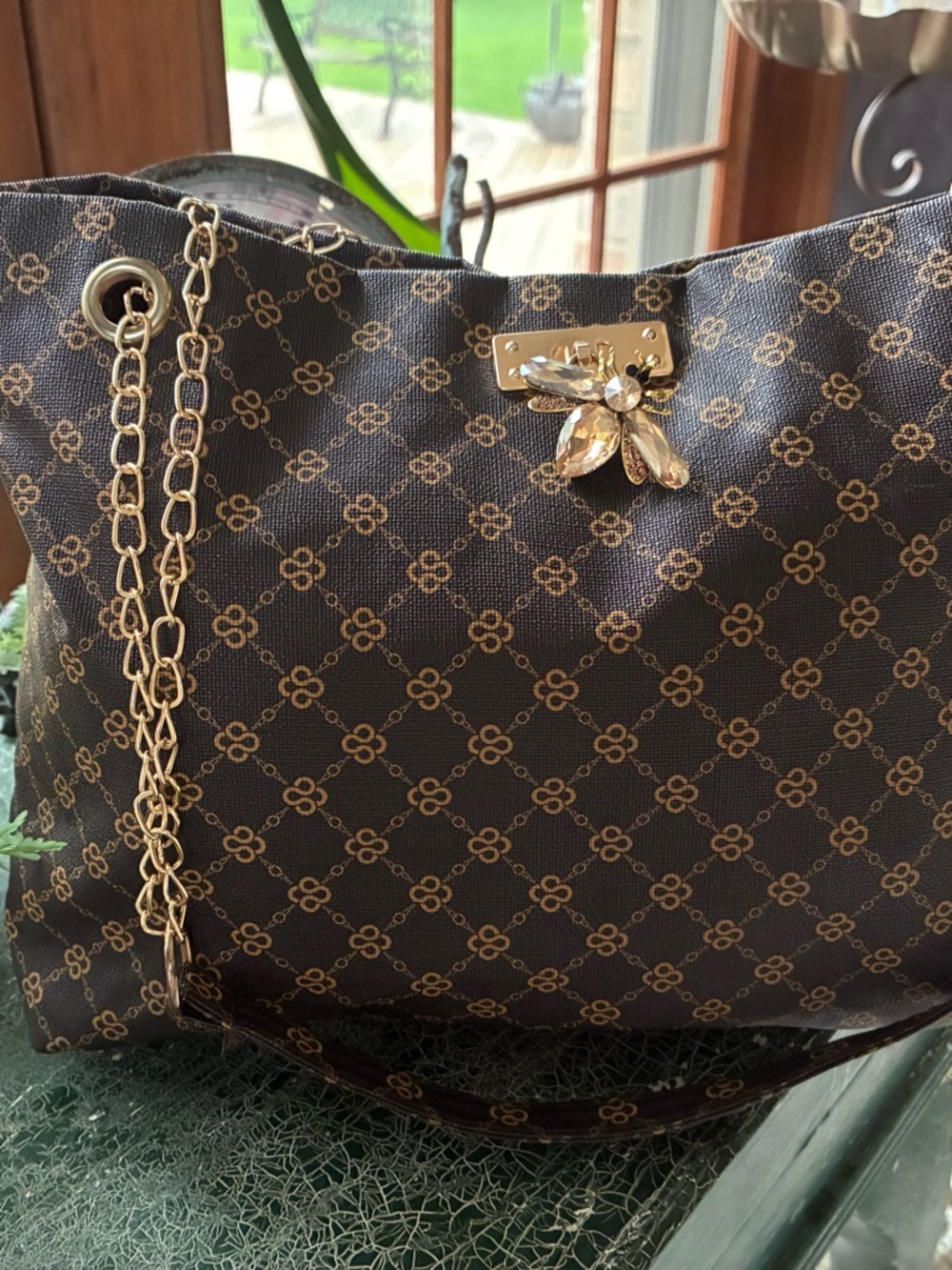 Designer-Style Brown Tote Bag with Gold Chain and Crystal Accent